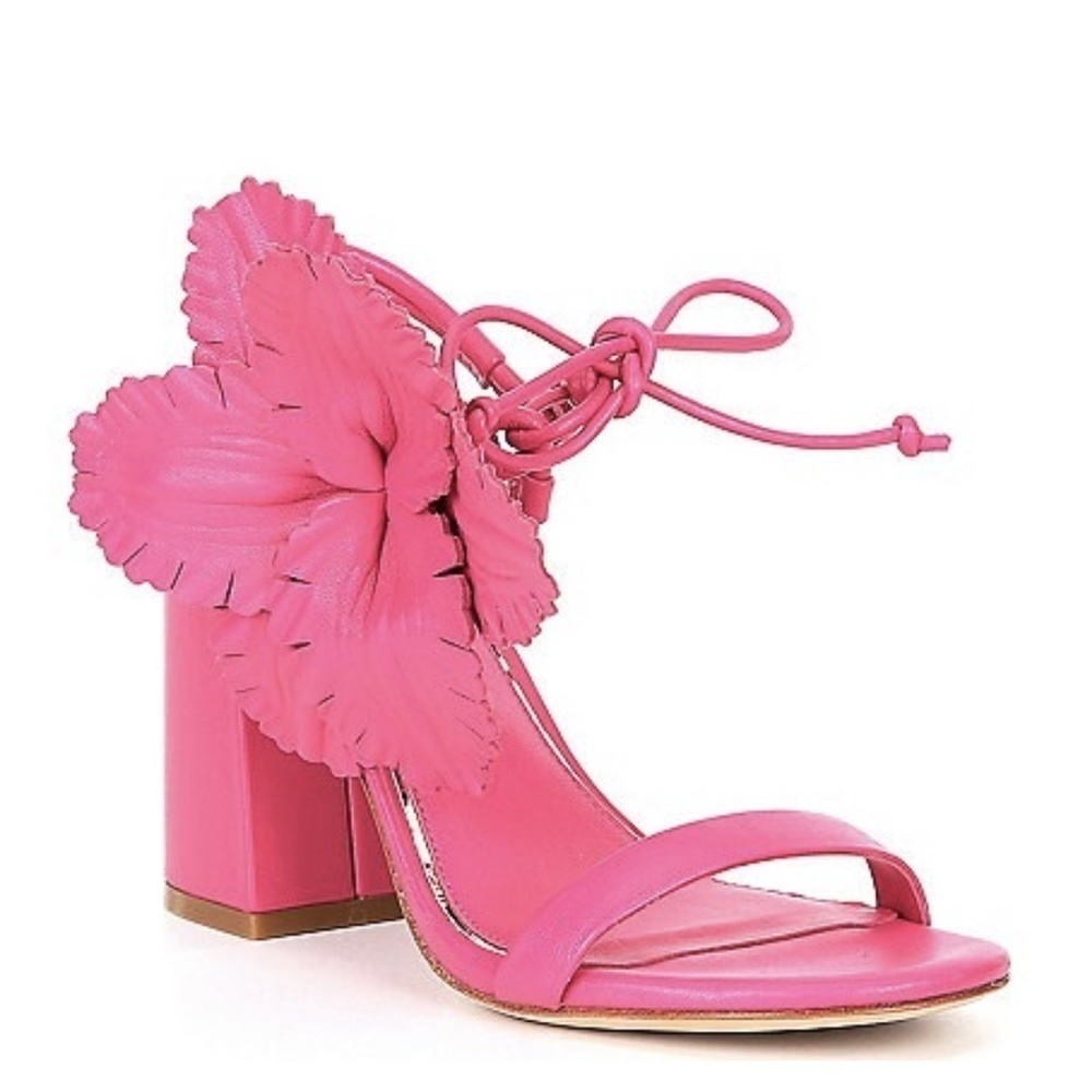 NEW Deltan Leather Flower Embellished Heeled Sandals in Pink Sz. 7